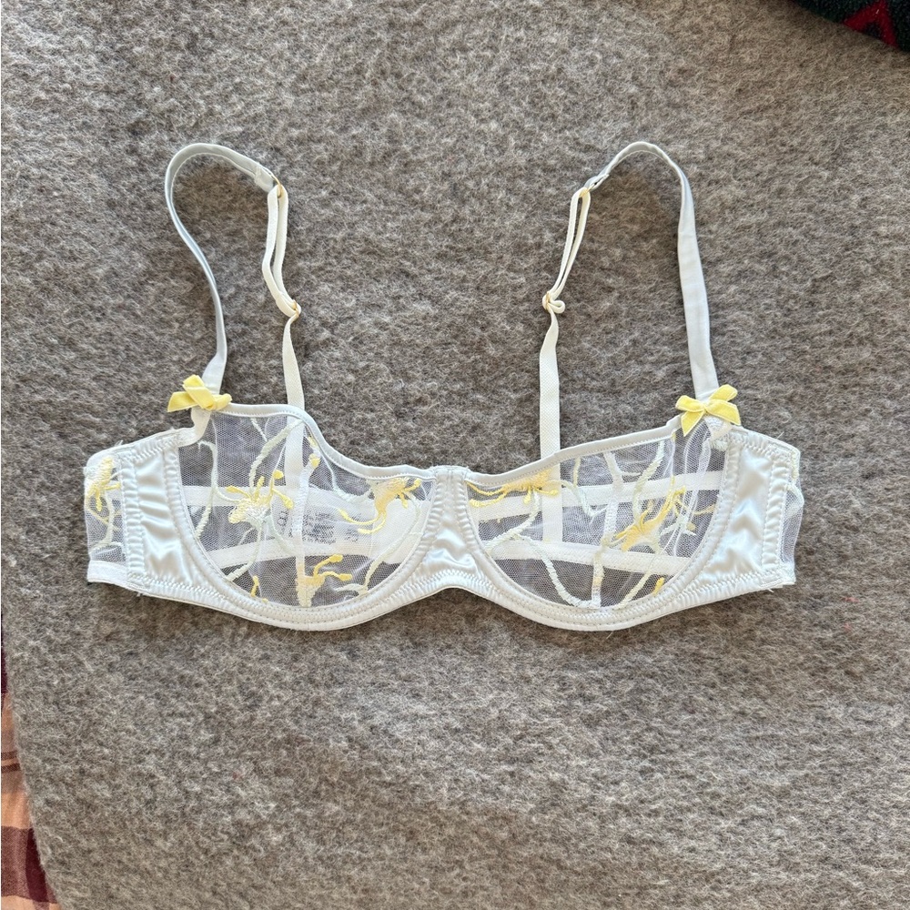 Sheer Embroidered Underwire Bra in White with Yellow Accents 32B/34A